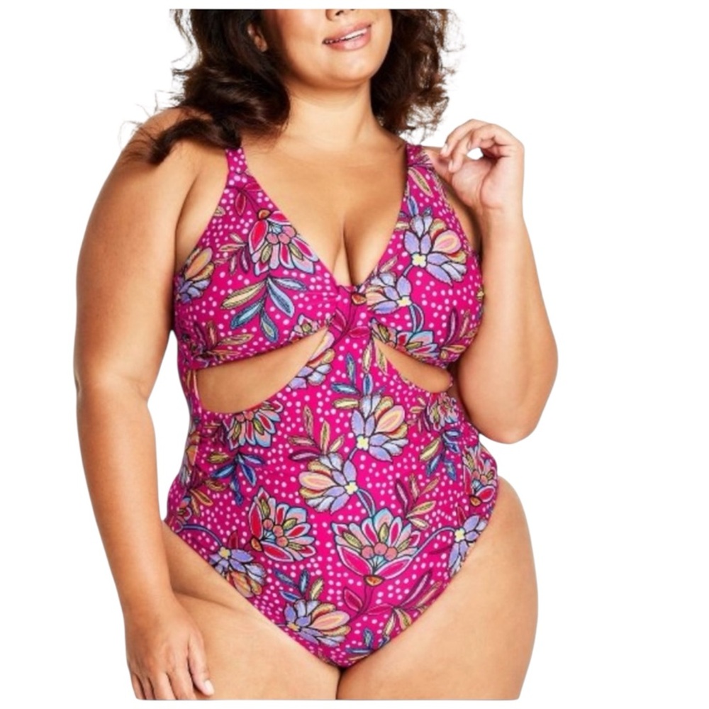 Tabitha Brown Women's Pink Floral Print Front Cutout One Piece Swimsuit Size 24